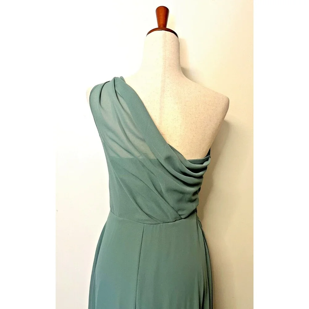 BIRDY GREY Womens S Dress Gown One Shoulder Chiffon Sea Glass Green Goddess Maxi
